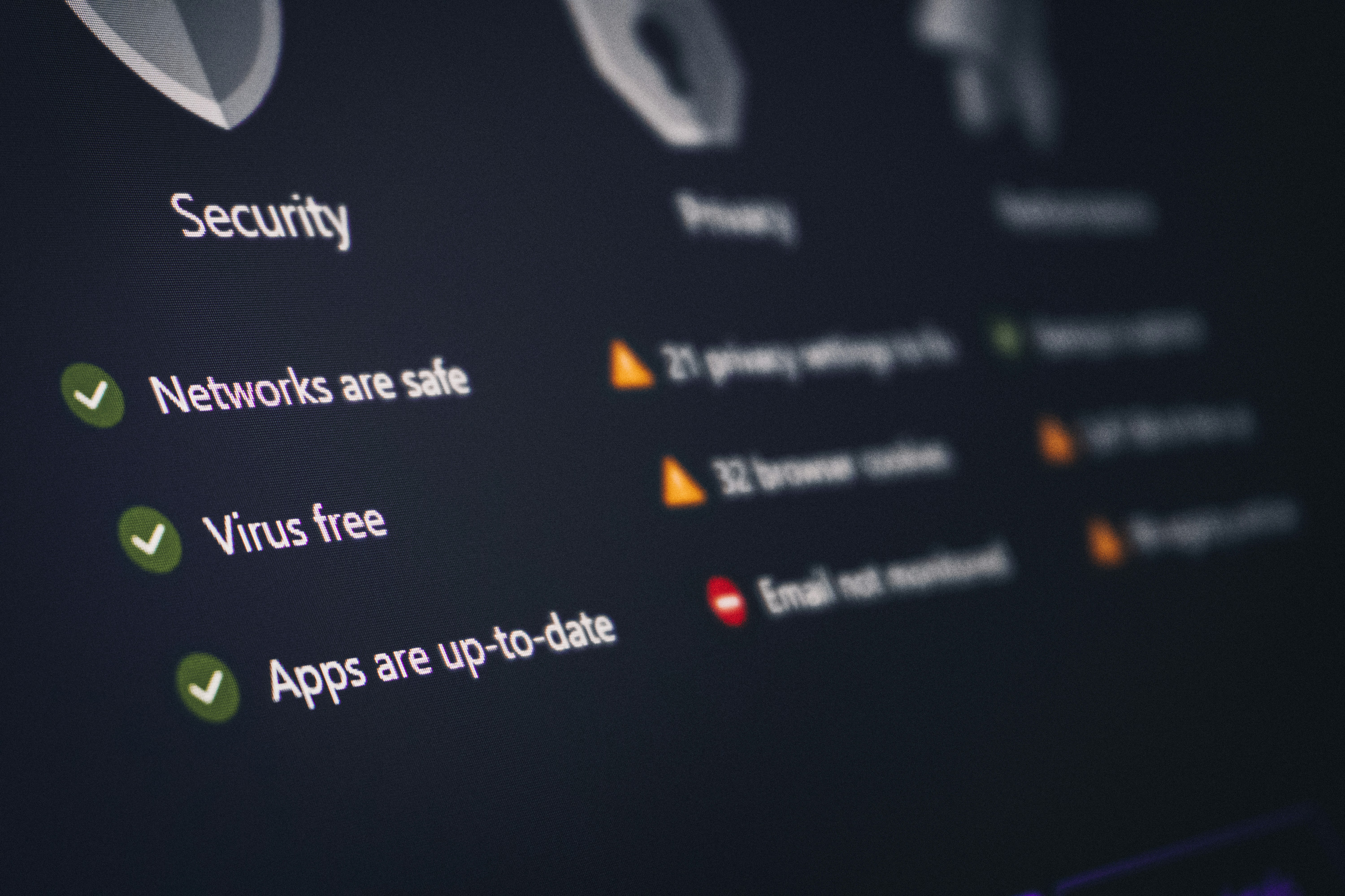 A security and privacy dashboard showing status indicators and settings